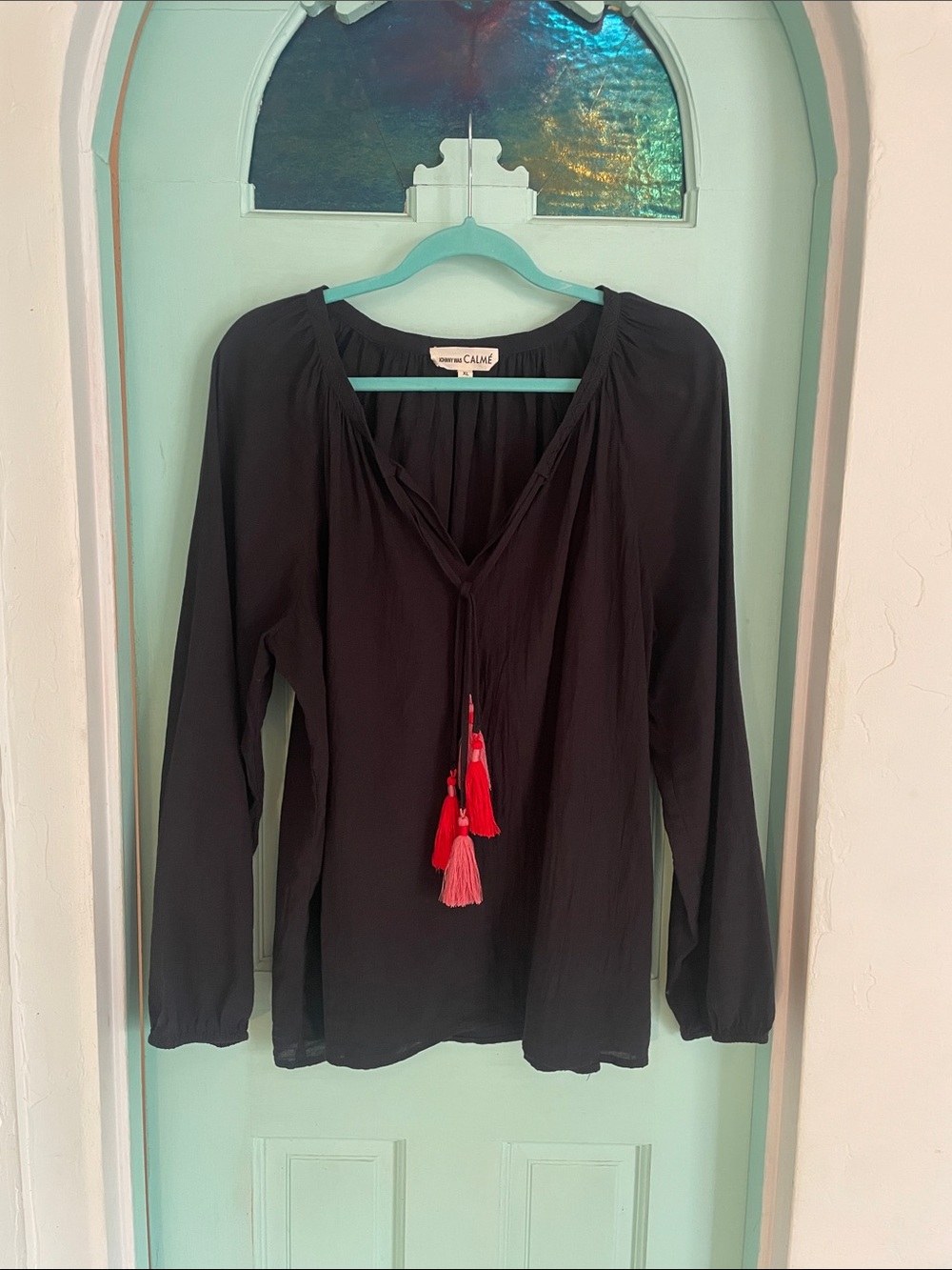 Johnny Was Black Peasant Blouse with Red Tassels